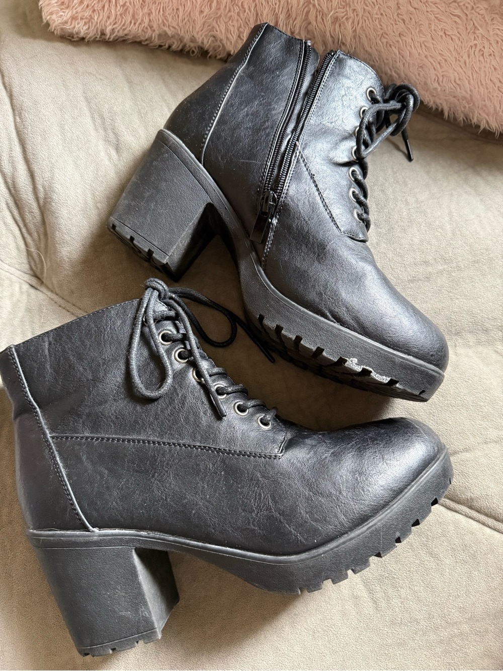 Black Lace-Up Block Heel Ankle Boots